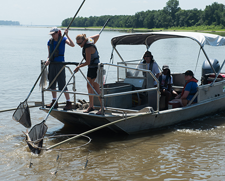 REU students Sarah Klush and Julia Allison, of the U of I Urbana-Champaign, engage in electrofishing on the Mississippi River.